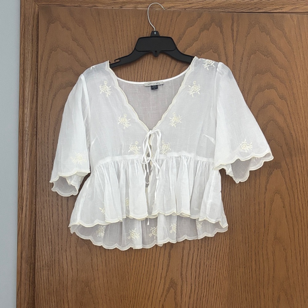 American Eagle Outfitters Cream Embroidered Blouse